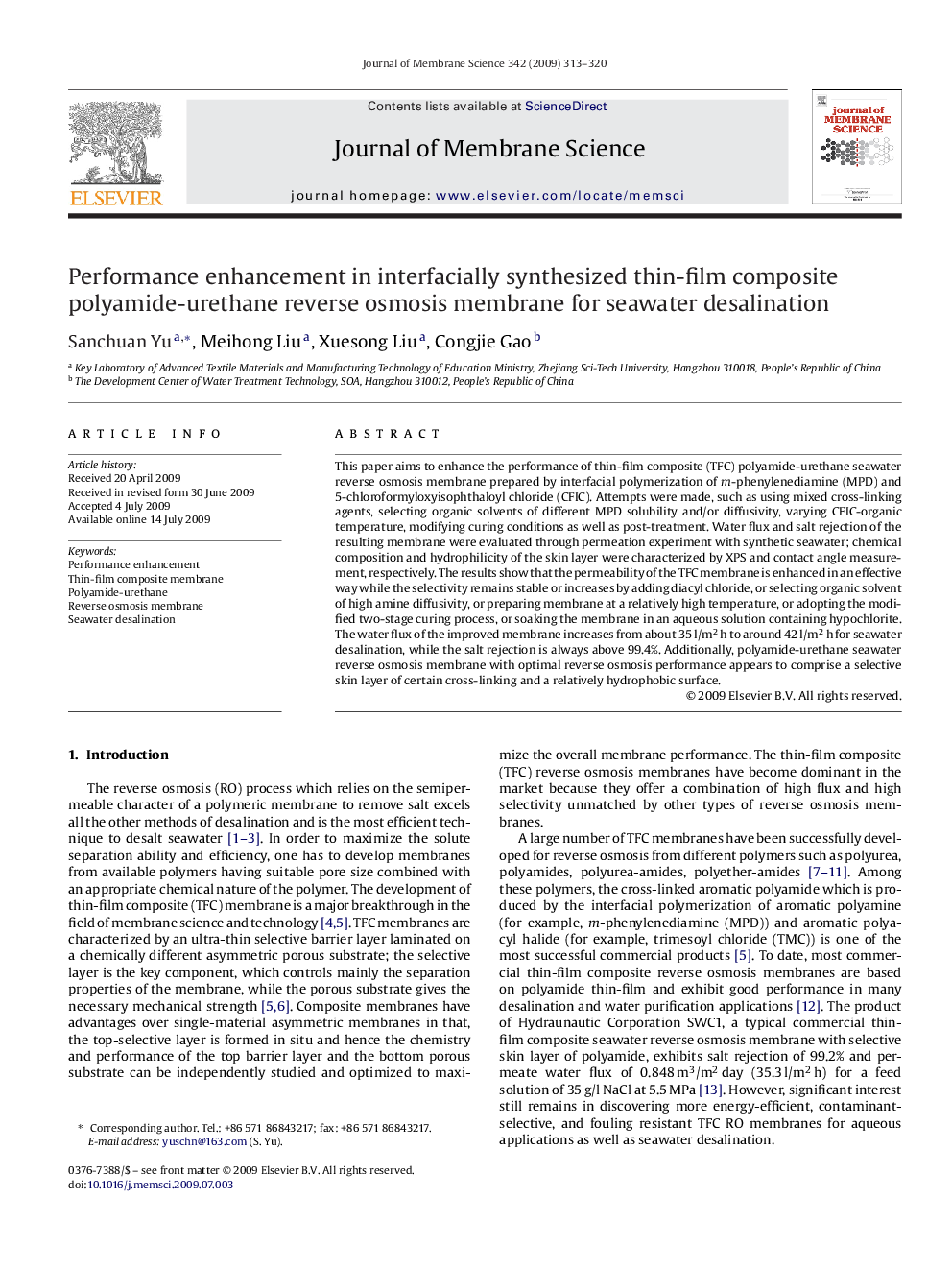 Performance enhancement in interfacially synthesized thin-film composite polyamide-urethane reverse osmosis membrane for seawater desalination