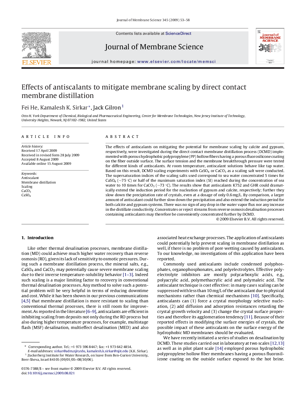 Effects of antiscalants to mitigate membrane scaling by direct contact membrane distillation