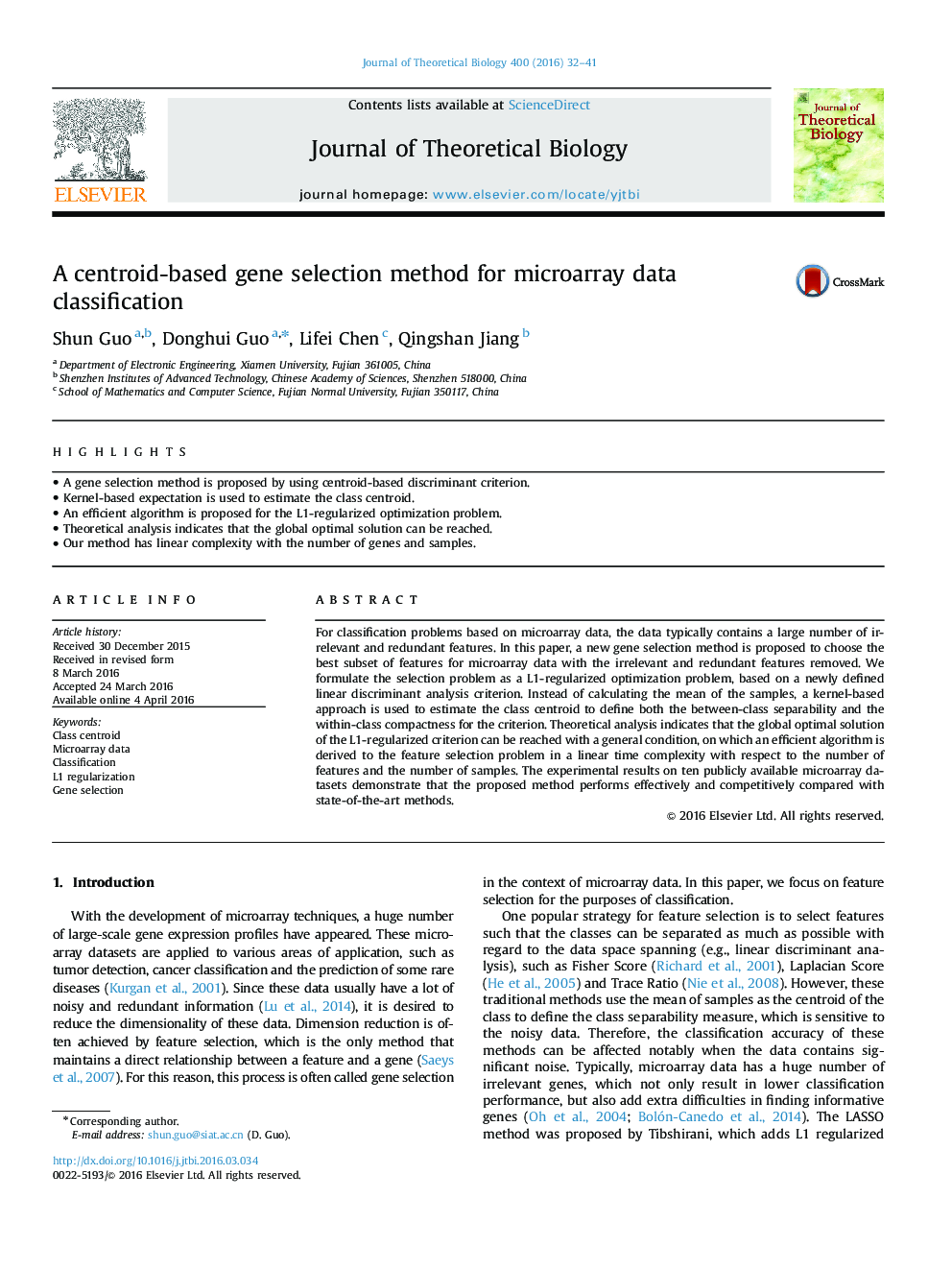 A centroid-based gene selection method for microarray data classification