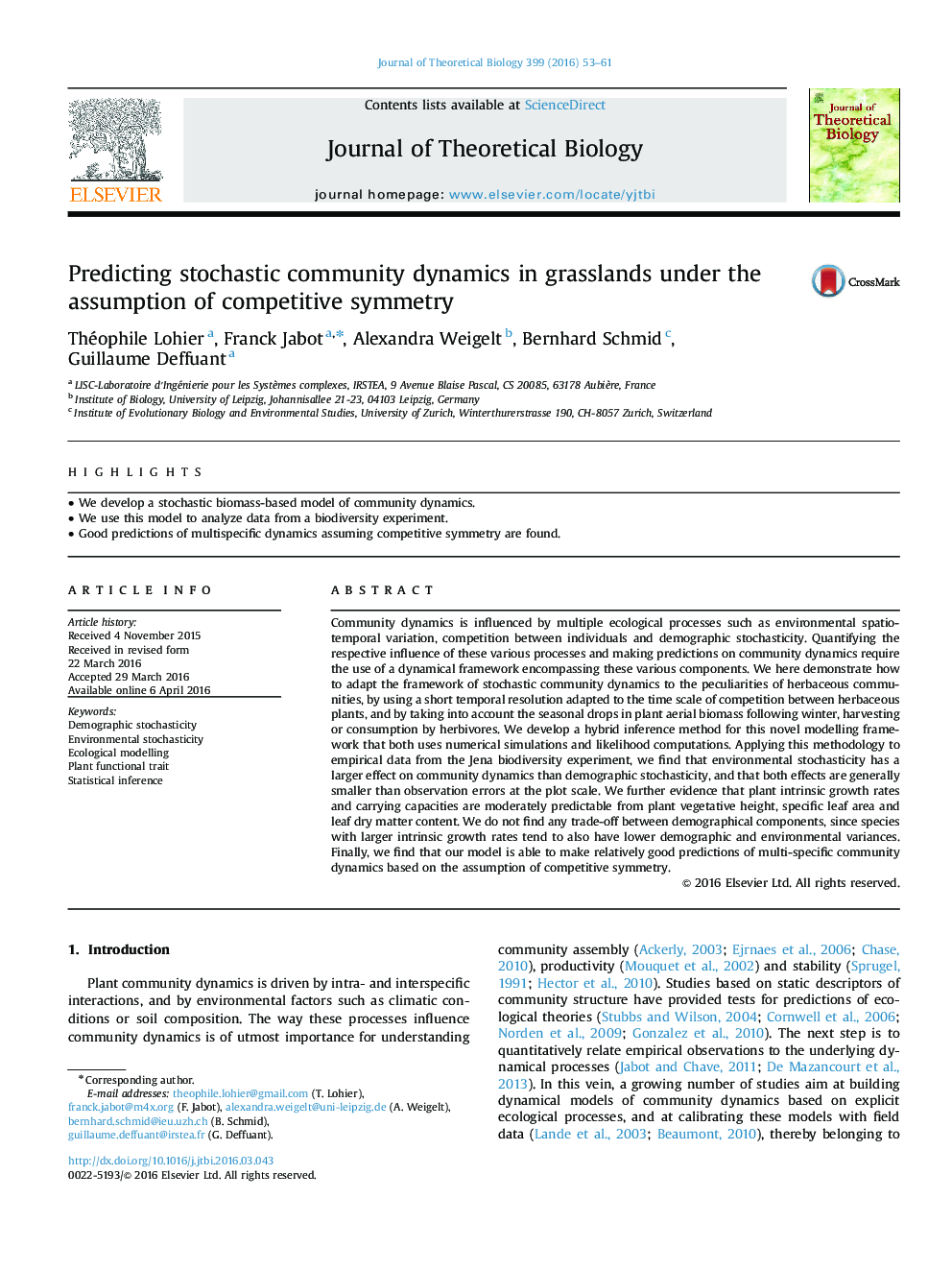 Predicting stochastic community dynamics in grasslands under the assumption of competitive symmetry