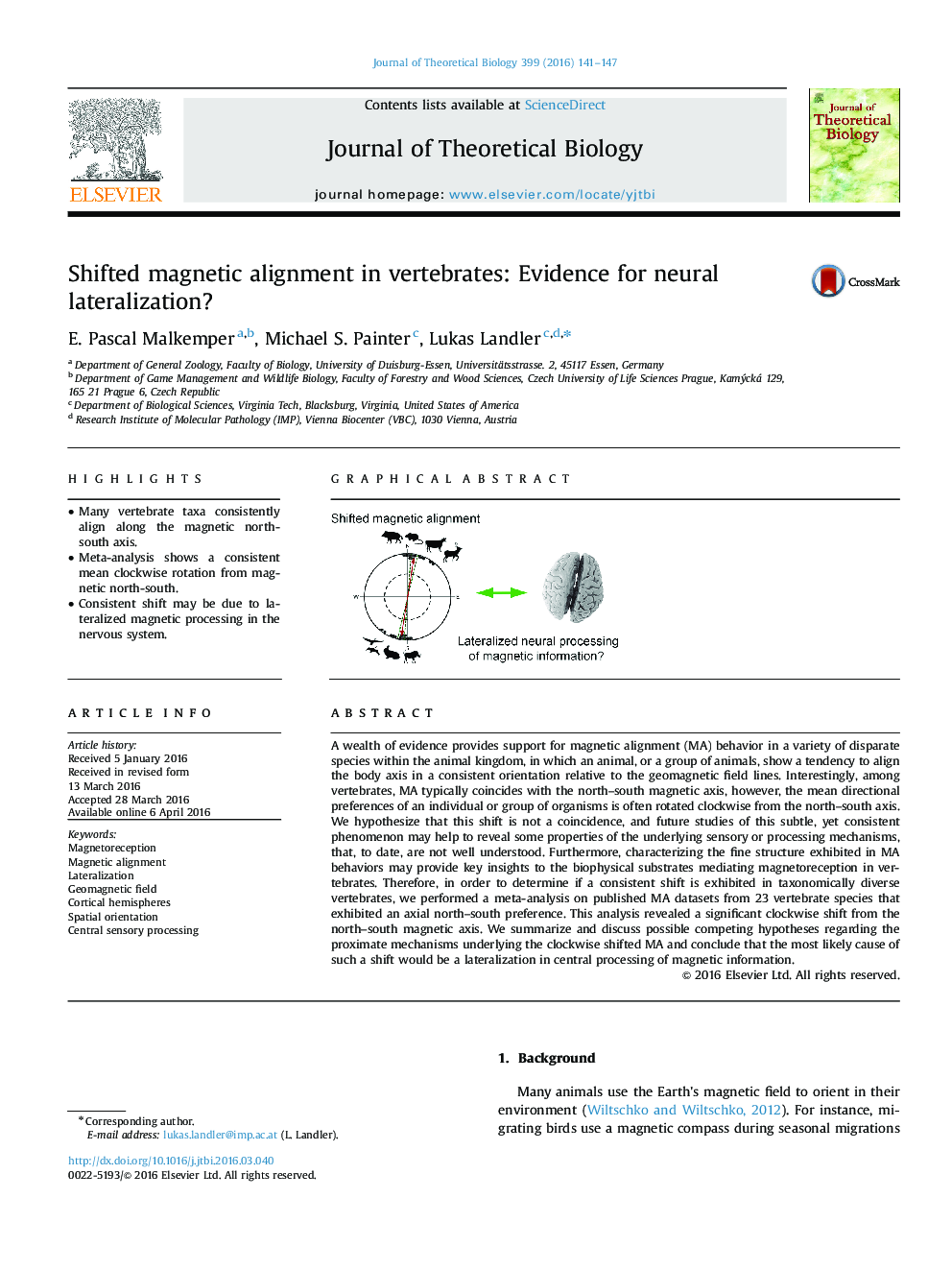 Shifted magnetic alignment in vertebrates: Evidence for neural lateralization?