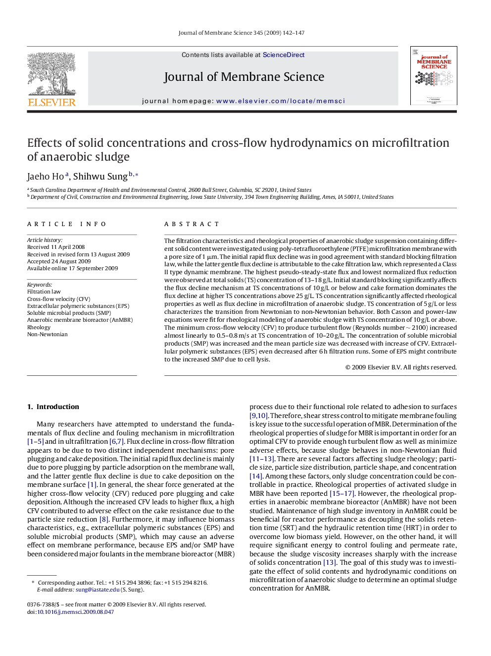 عکس صفحه اول مقاله: Effects of solid concentrations and cross-flow hydrodynamics on microfiltration of anaerobic sludge Effects of solid concentrations and cross-flow hydrodynamics on microfiltration of anaerobic sludge