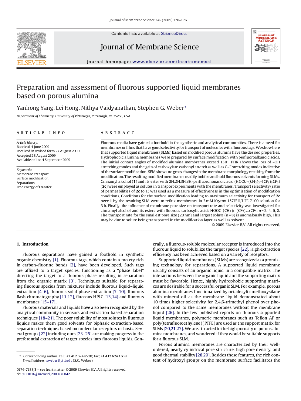 Preparation and assessment of fluorous supported liquid membranes based on porous alumina