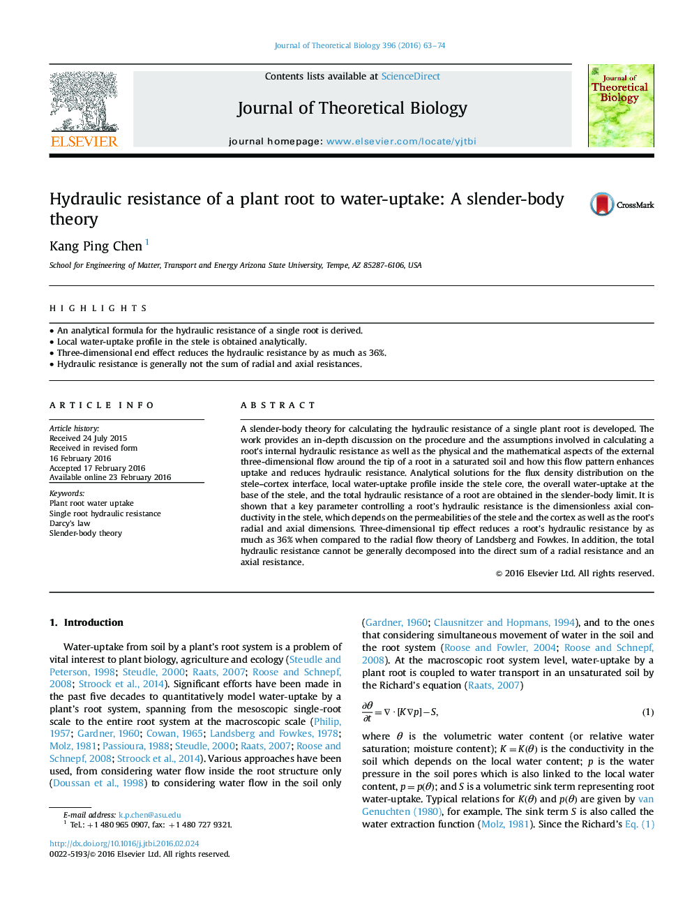 Hydraulic resistance of a plant root to water-uptake: A slender-body theory