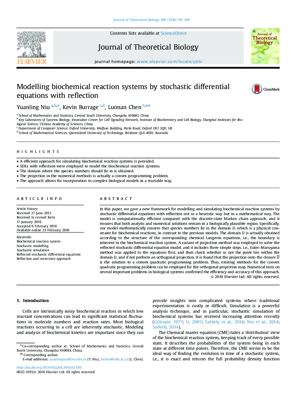 Modelling biochemical reaction systems by stochastic differential equations with reflection