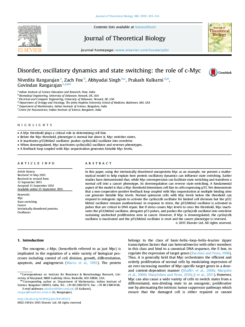 Disorder, oscillatory dynamics and state switching: the role of c-Myc