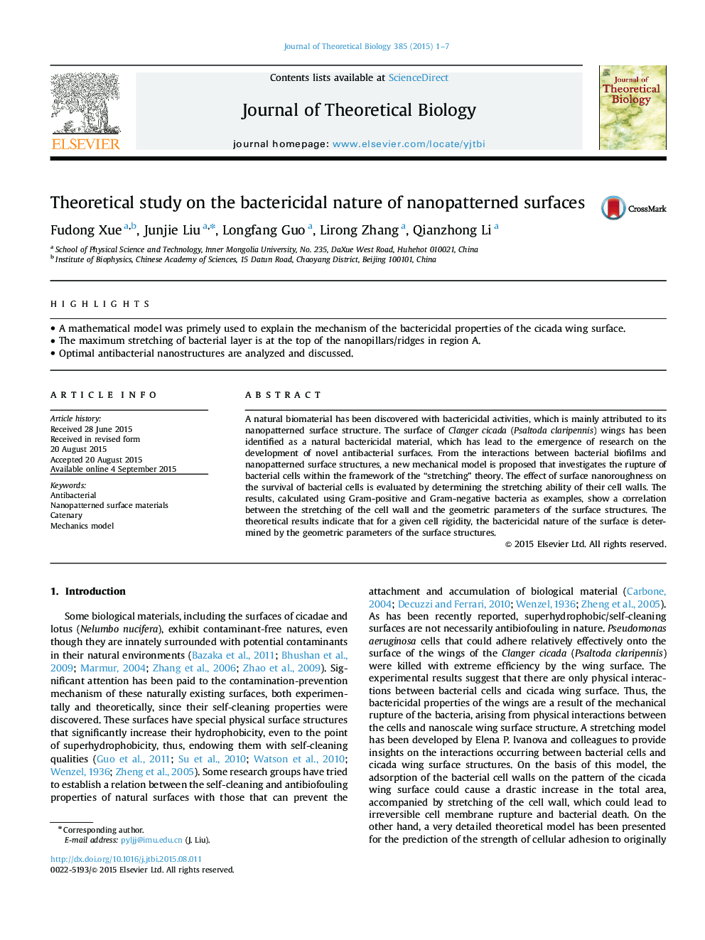 Theoretical study on the bactericidal nature of nanopatterned surfaces