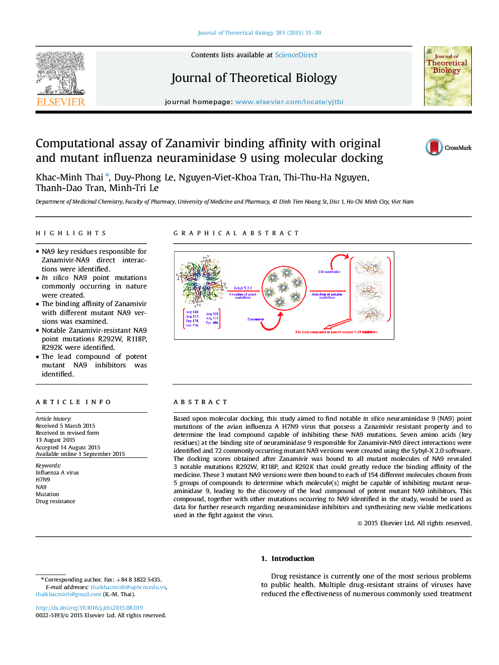 Computational assay of Zanamivir binding affinity with original and mutant influenza neuraminidase 9 using molecular docking