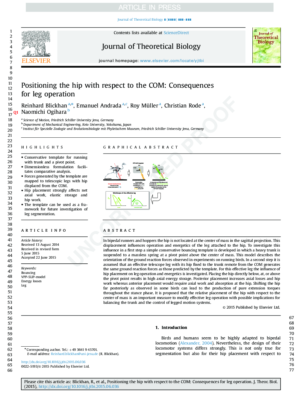 Positioning the hip with respect to the COM: Consequences for leg operation