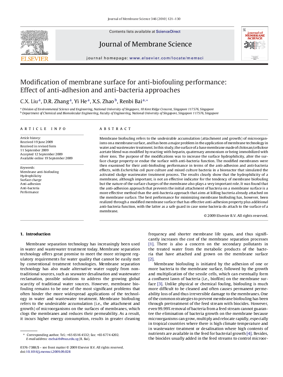 Modification of membrane surface for anti-biofouling performance: Effect of anti-adhesion and anti-bacteria approaches