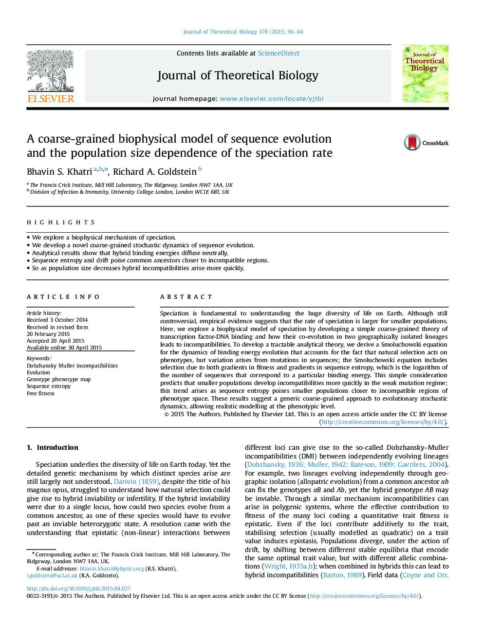 A coarse-grained biophysical model of sequence evolution and the population size dependence of the speciation rate