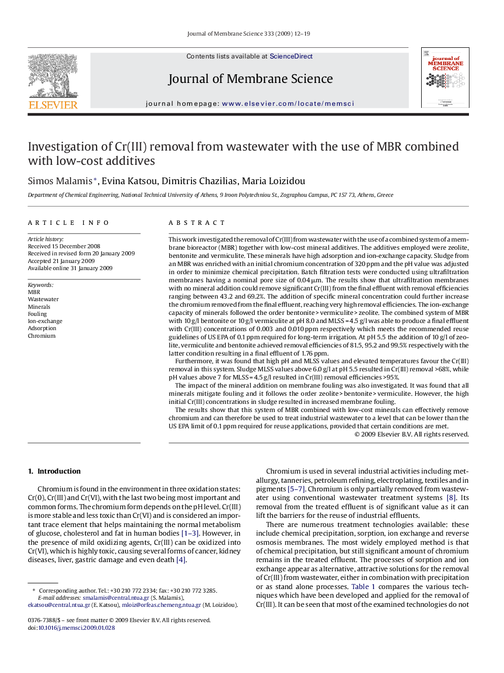 Investigation of Cr(III) removal from wastewater with the use of MBR combined with low-cost additives