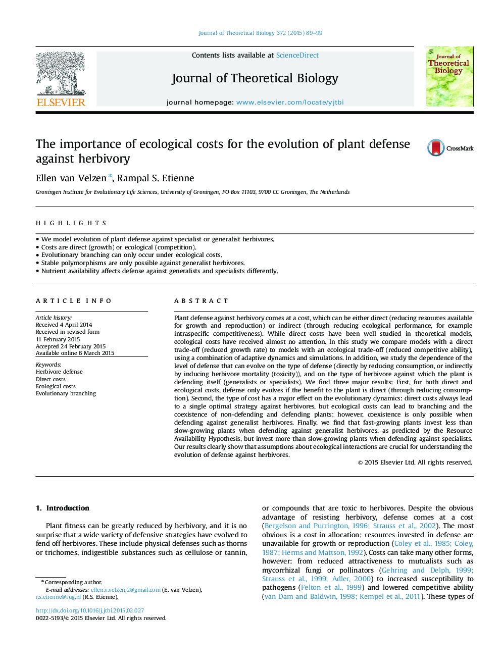 The importance of ecological costs for the evolution of plant defense against herbivory