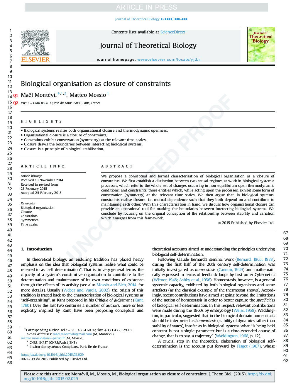 Biological organisation as closure of constraints