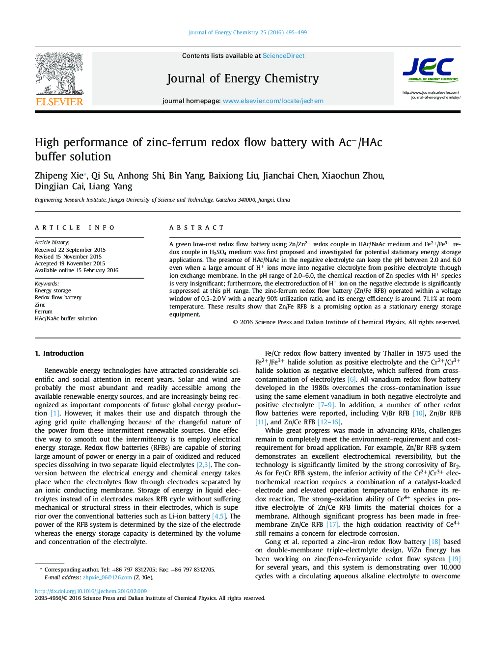 High performance of zinc-ferrum redox flow battery with Ac−/HAc buffer solution