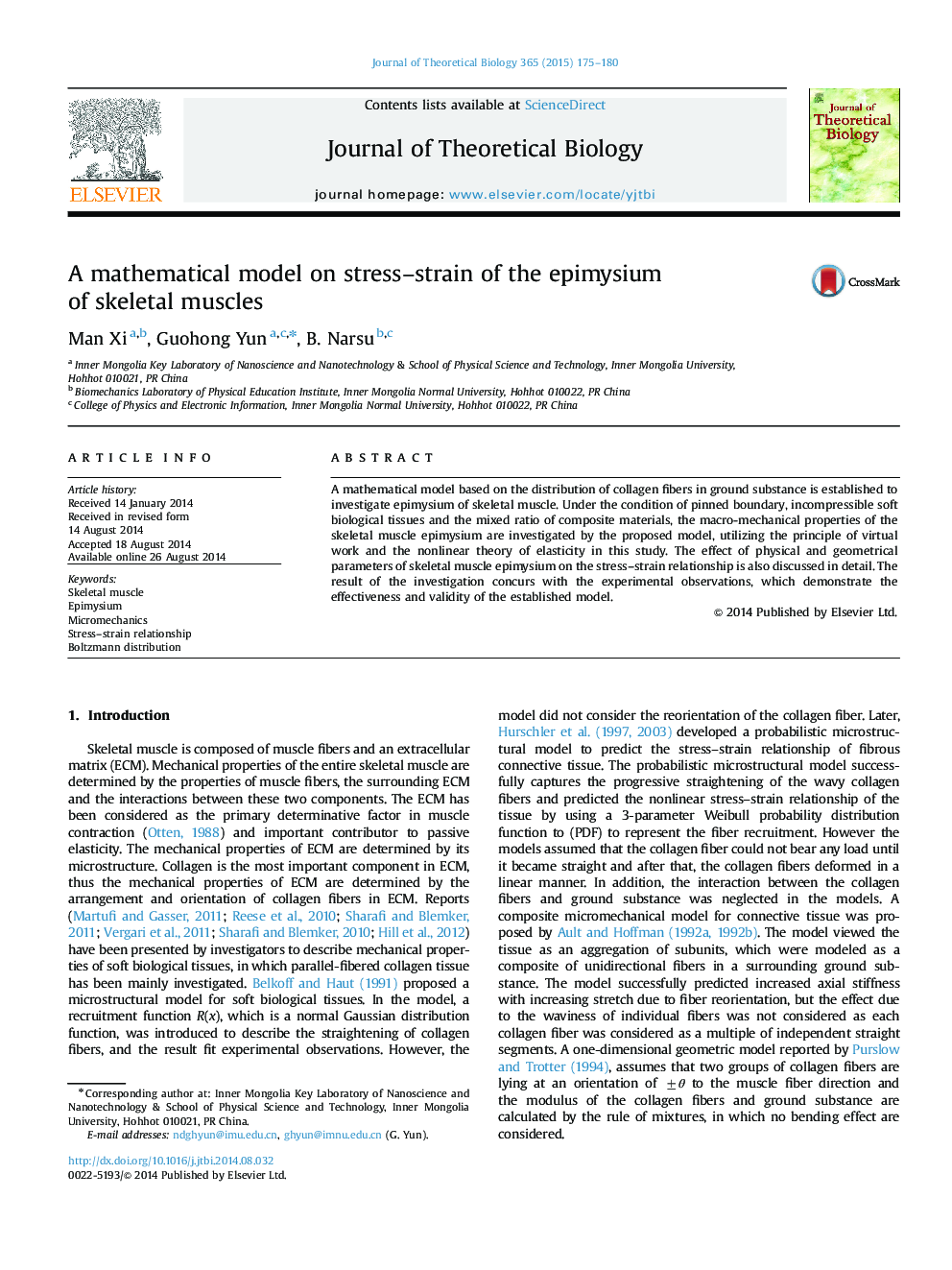 A mathematical model on stress-strain of the epimysium of skeletal muscles