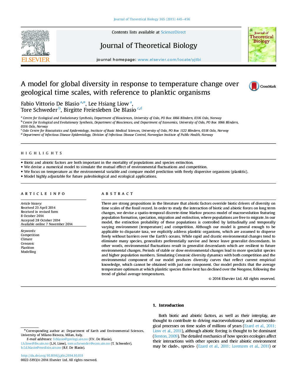 یک مدل برای تنوع جهانی در پاسخ به تغییر دما در مقیاس زمانی زمین شناسی، با ارجاع به ارگانیسم های پلانکسی 