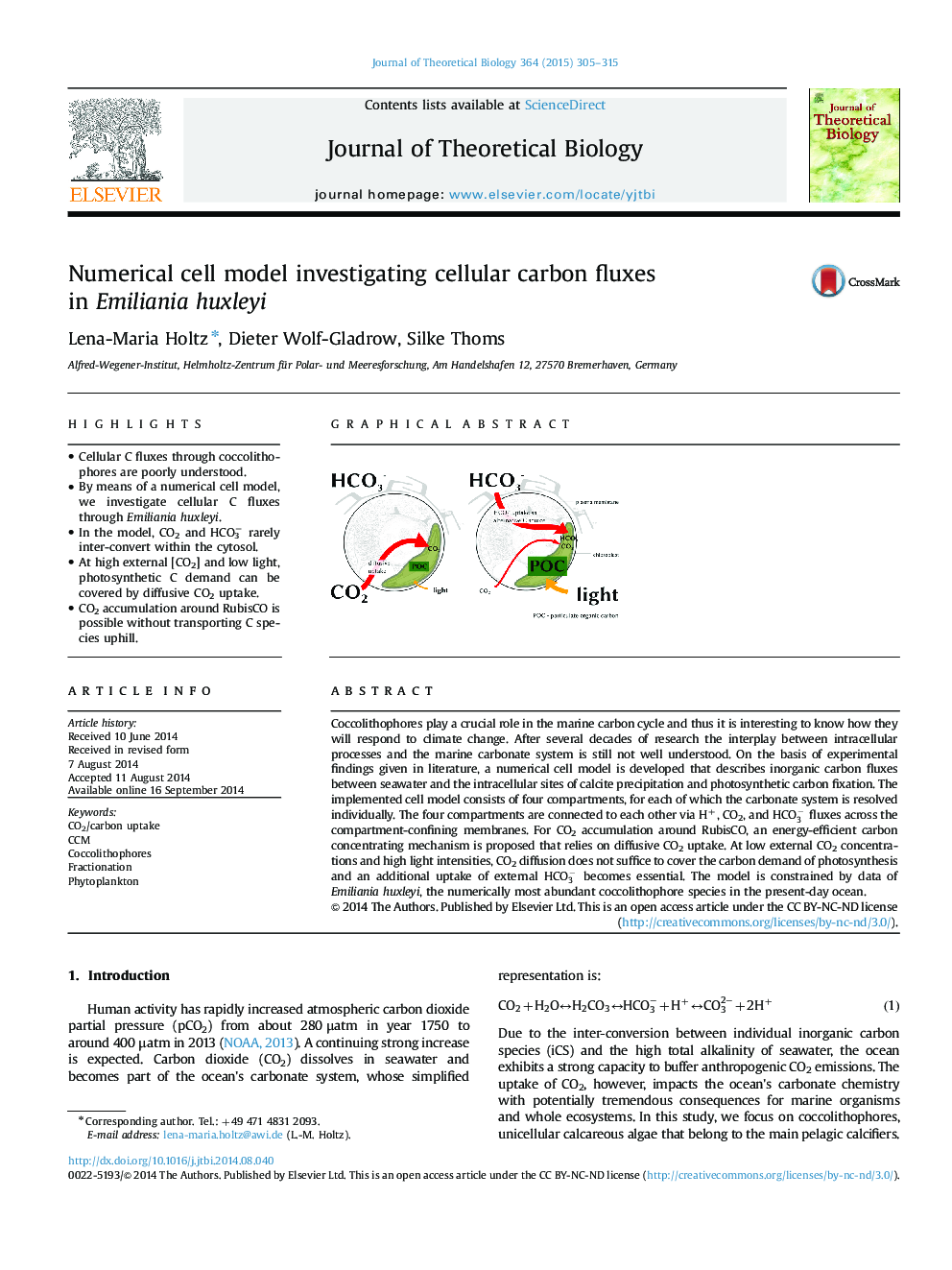 Numerical cell model investigating cellular carbon fluxes in Emiliania huxleyi