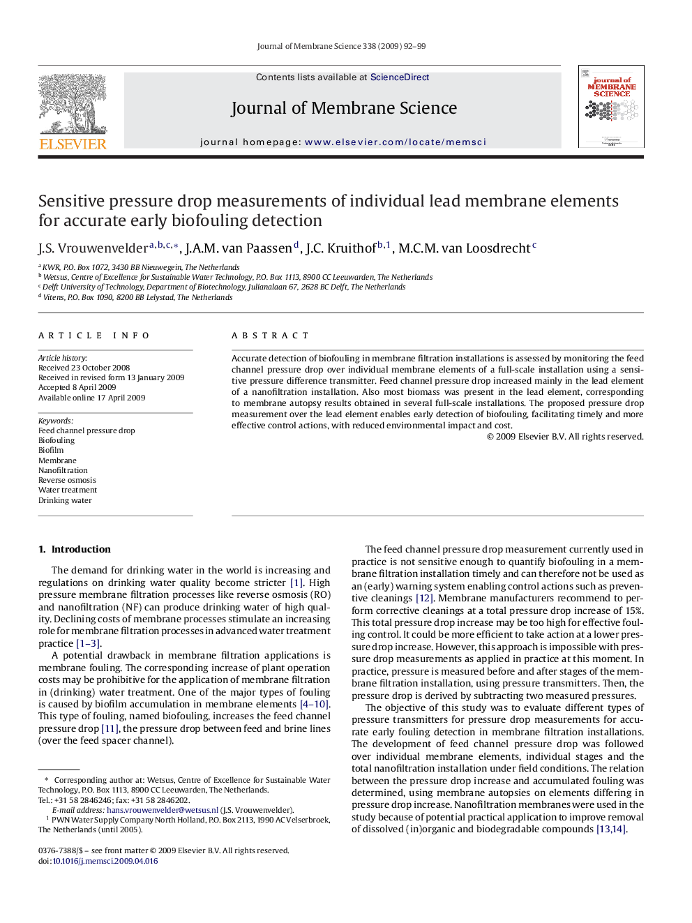 Sensitive pressure drop measurements of individual lead membrane elements for accurate early biofouling detection