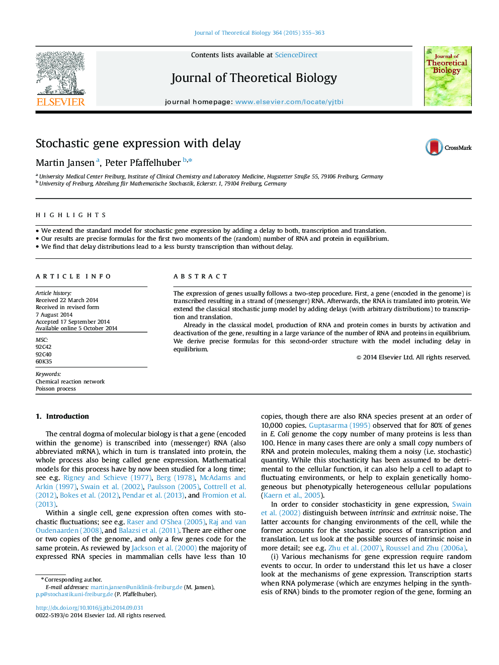 Stochastic gene expression with delay