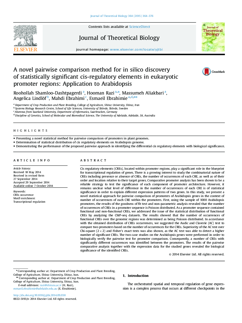 A novel pairwise comparison method for in silico discovery of statistically significant cis-regulatory elements in eukaryotic promoter regions: Application to Arabidopsis