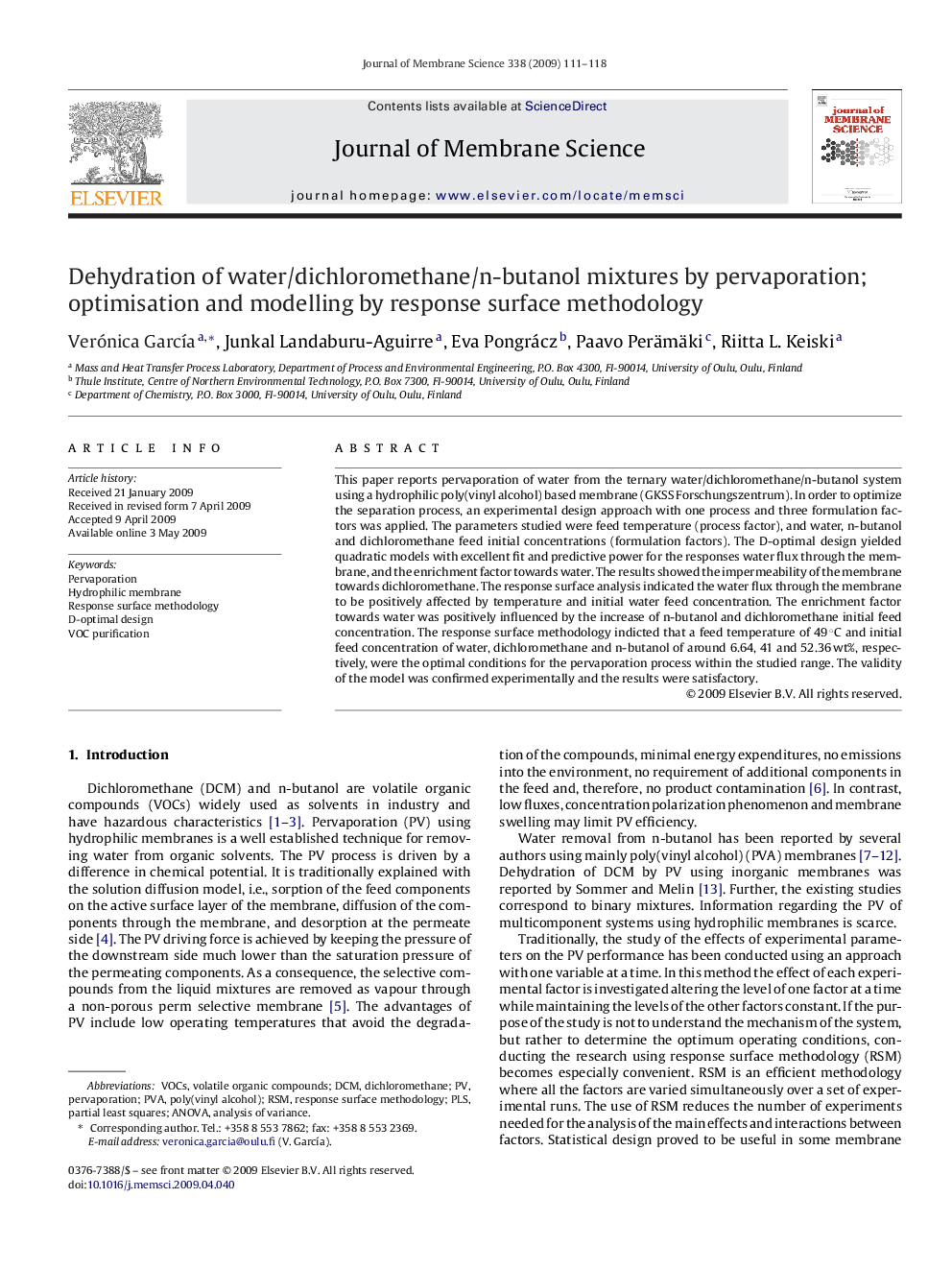 Dehydration of water/dichloromethane/n-butanol mixtures by pervaporation; optimisation and modelling by response surface methodology