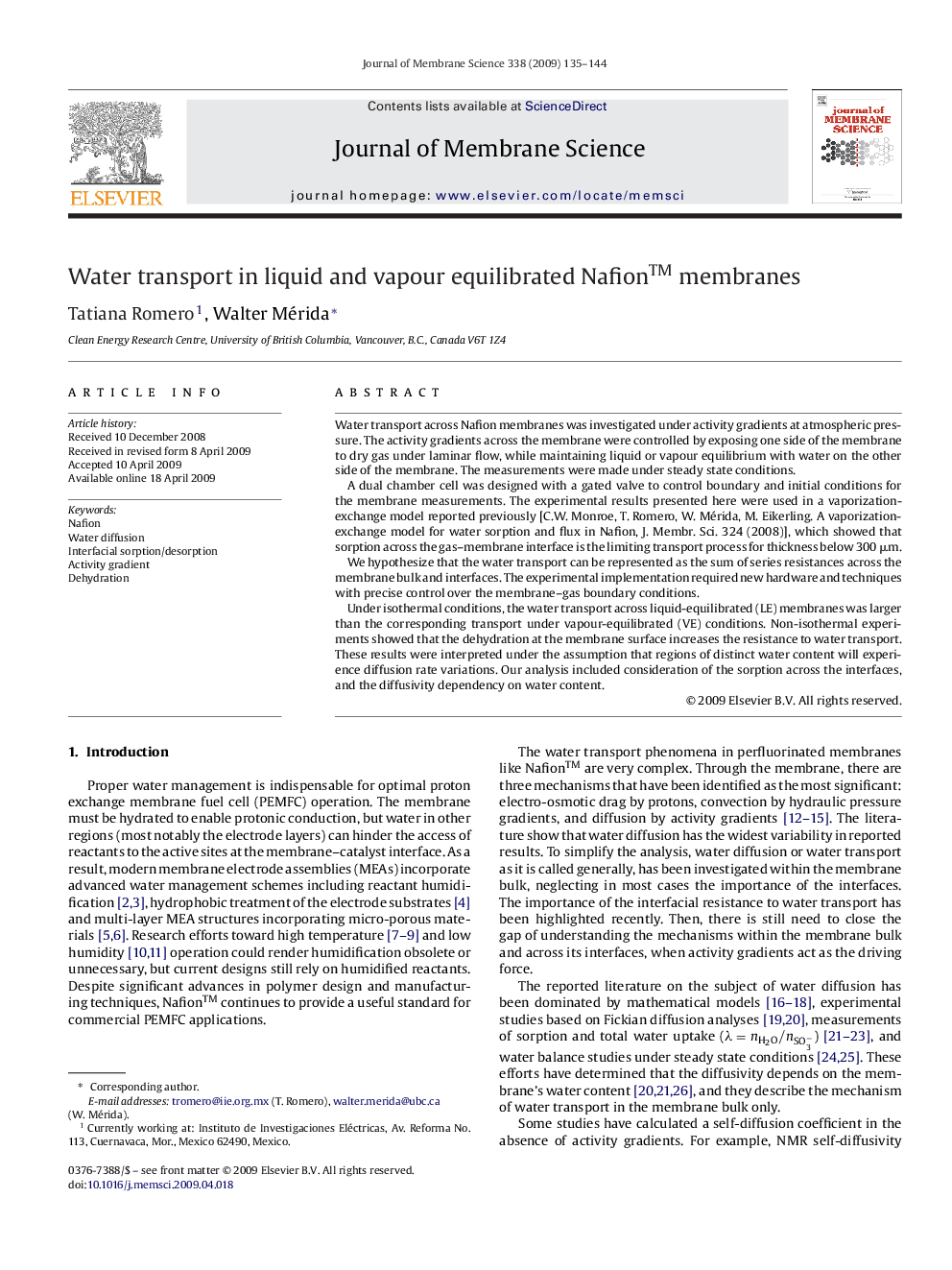 Water transport in liquid and vapour equilibrated Nafion™ membranes