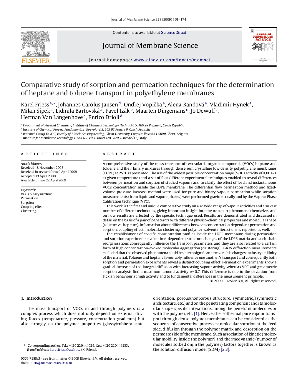 Comparative study of sorption and permeation techniques for the determination of heptane and toluene transport in polyethylene membranes