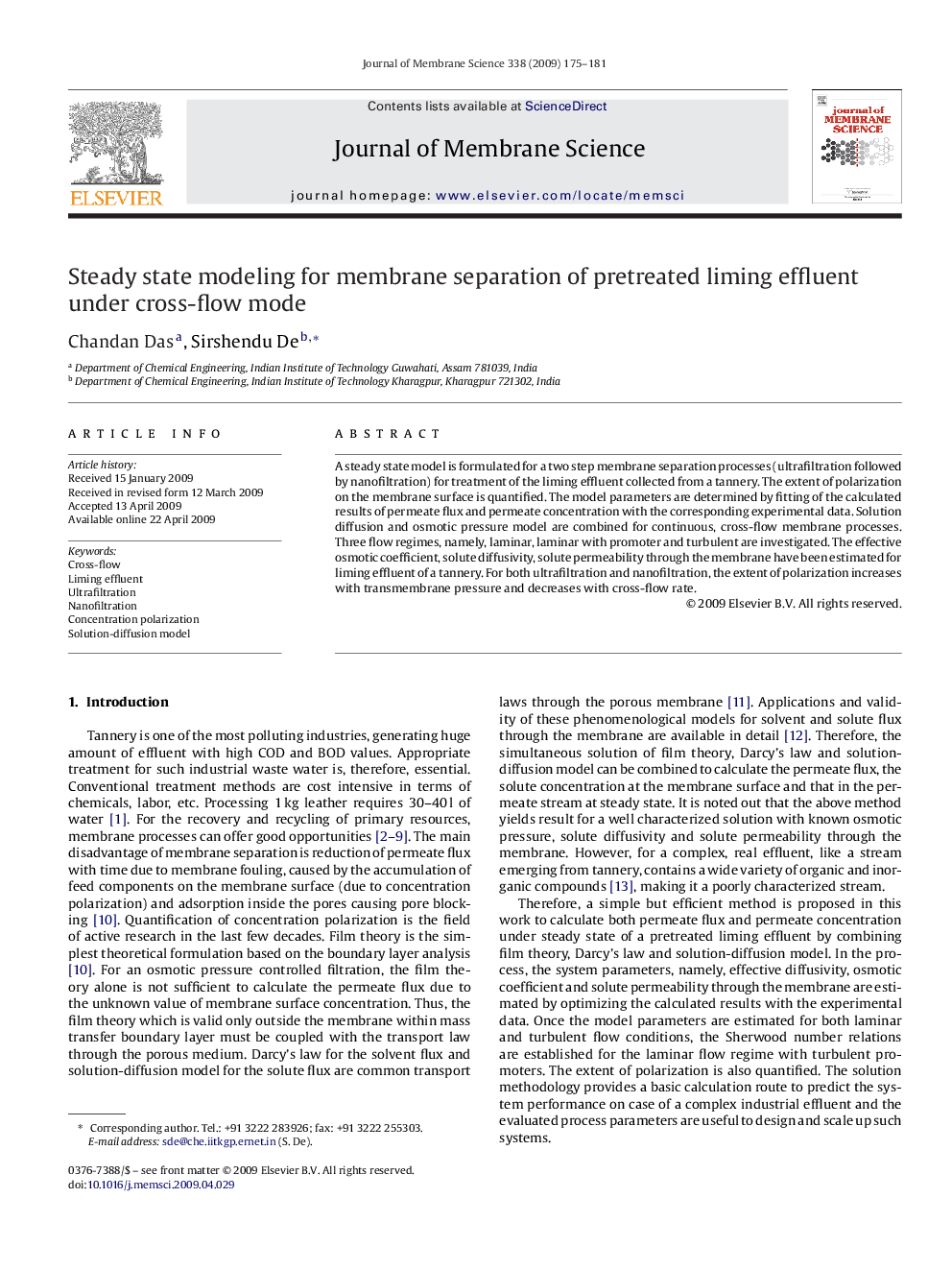 Steady state modeling for membrane separation of pretreated liming effluent under cross-flow mode