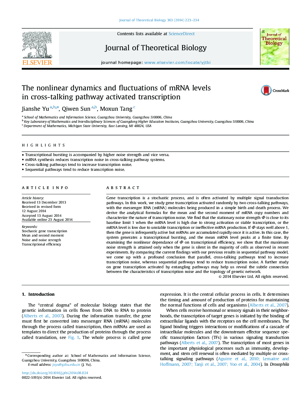 The nonlinear dynamics and fluctuations of mRNA levels in cross-talking pathway activated transcription