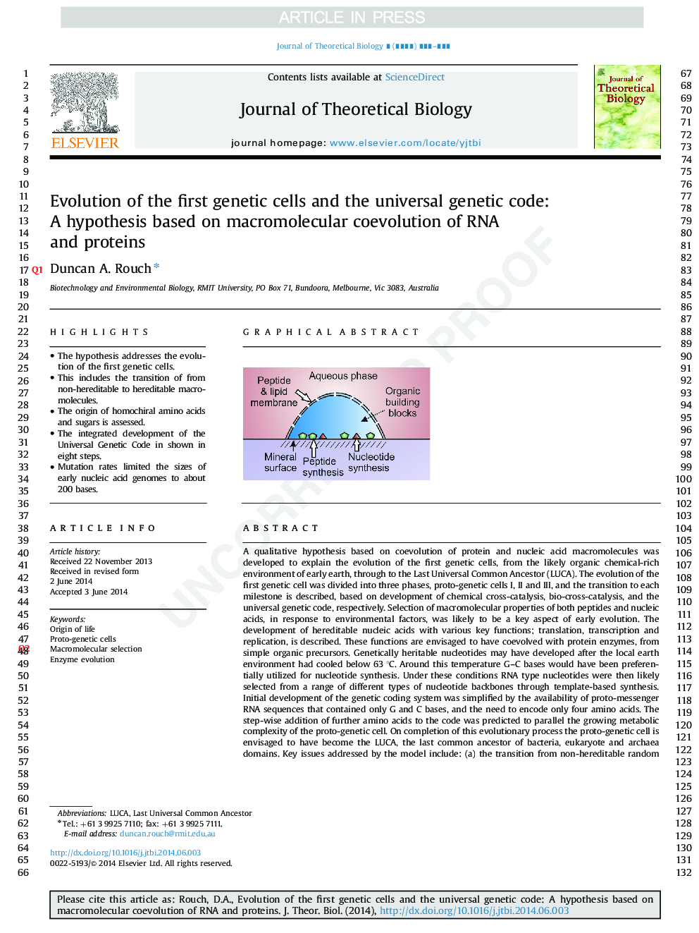 Evolution of the first genetic cells and the universal genetic code: A hypothesis based on macromolecular coevolution of RNA and proteins