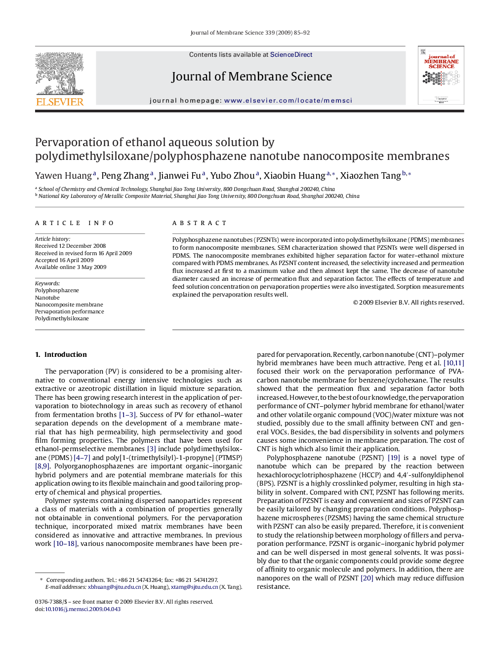 Pervaporation of ethanol aqueous solution by polydimethylsiloxane/polyphosphazene nanotube nanocomposite membranes