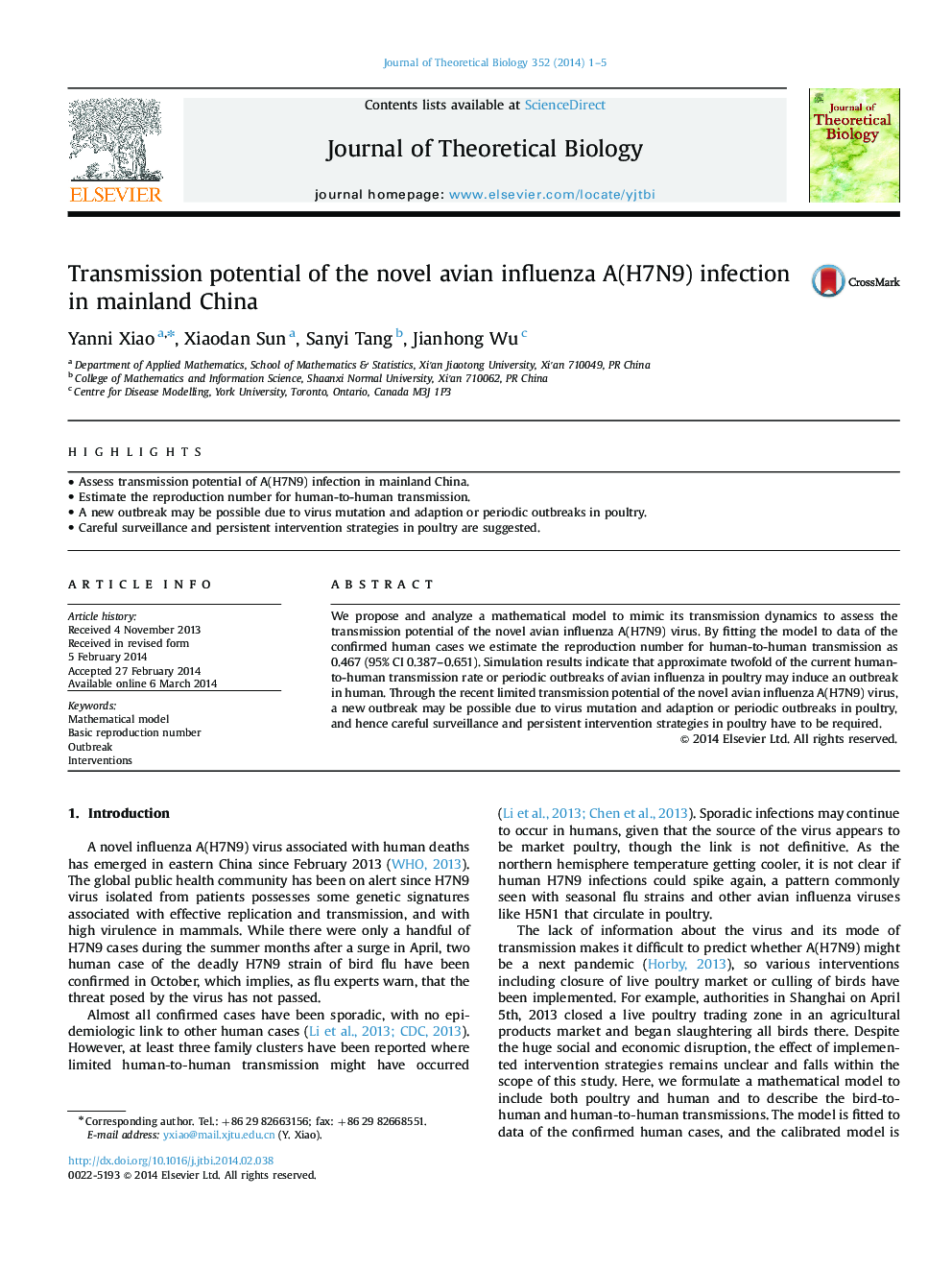 Transmission potential of the novel avian influenza A(H7N9) infection in mainland China