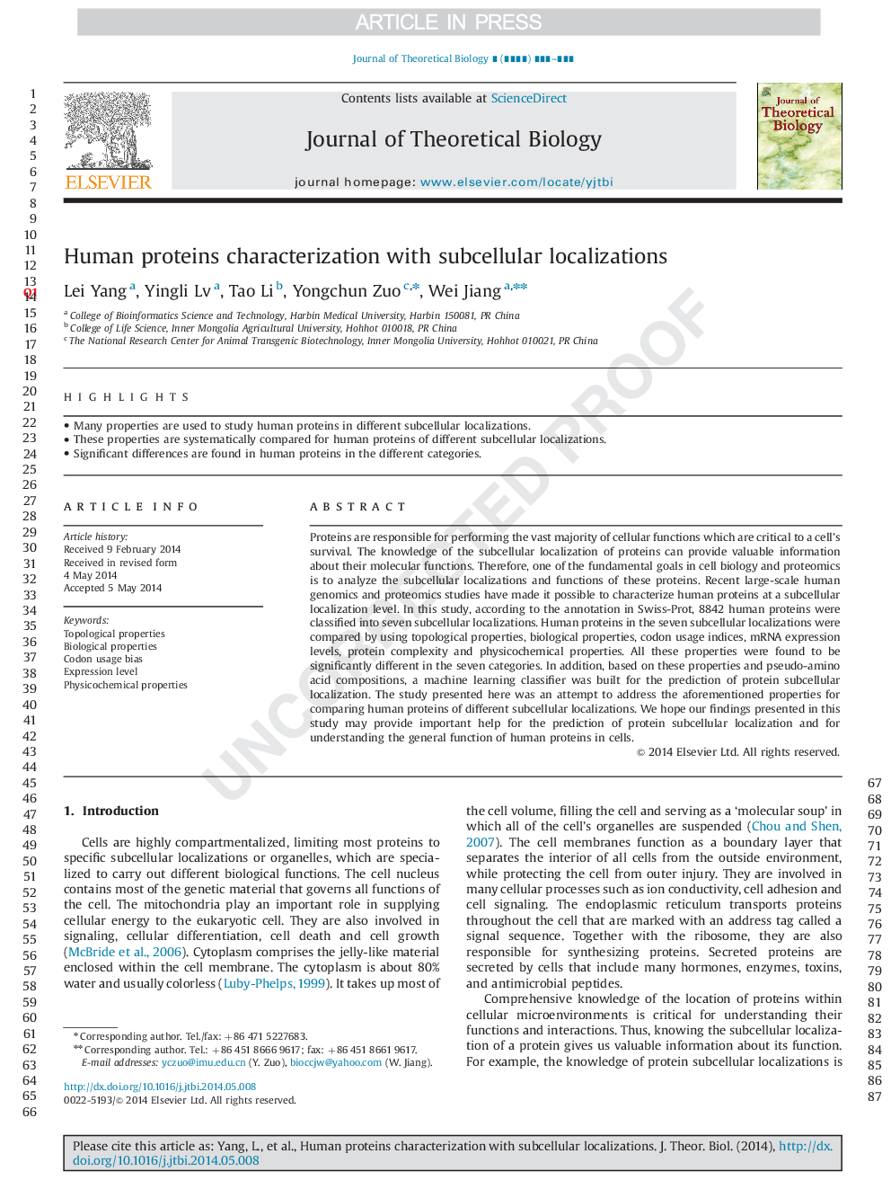 Human proteins characterization with subcellular localizations