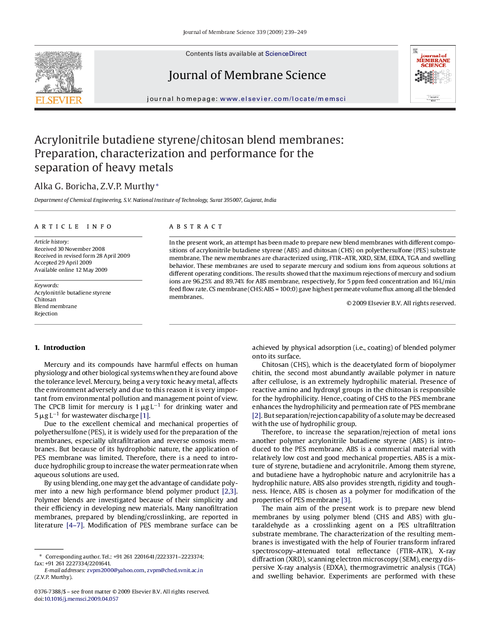 Acrylonitrile butadiene styrene/chitosan blend membranes: Preparation, characterization and performance for the separation of heavy metals