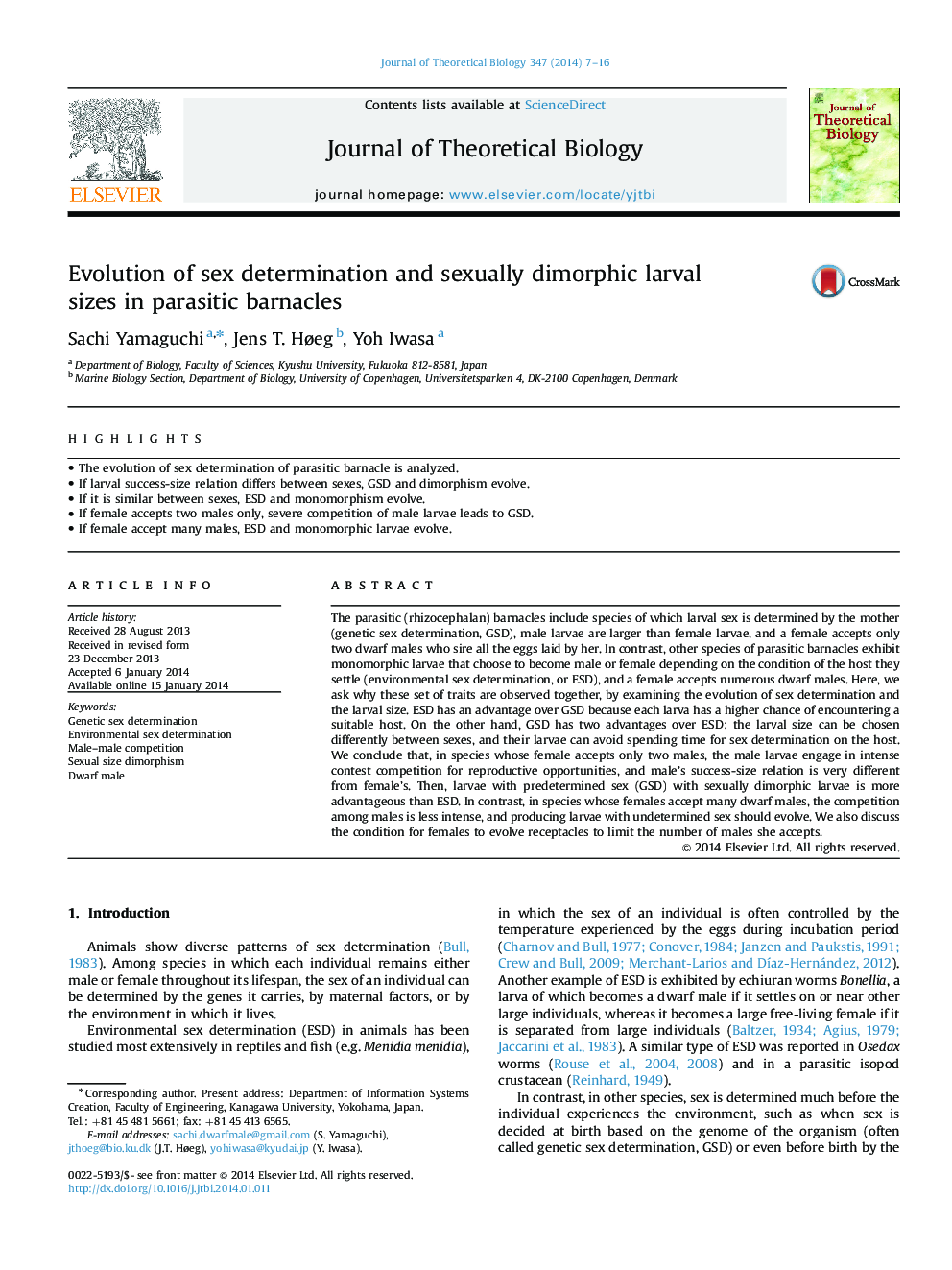 Evolution of sex determination and sexually dimorphic larval sizes in parasitic barnacles