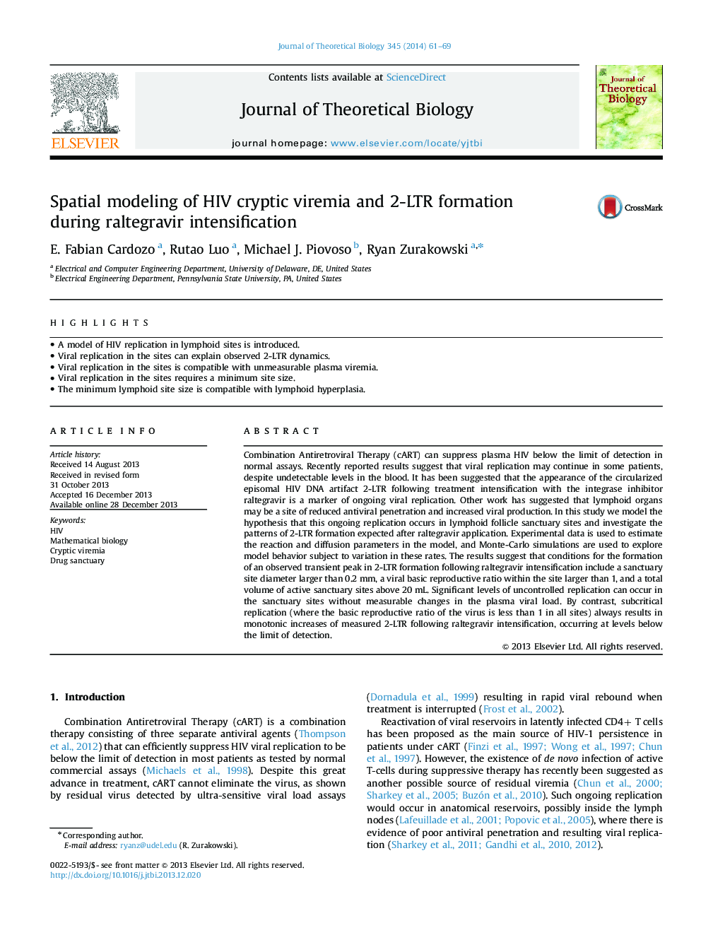 Spatial modeling of HIV cryptic viremia and 2-LTR formation during raltegravir intensification