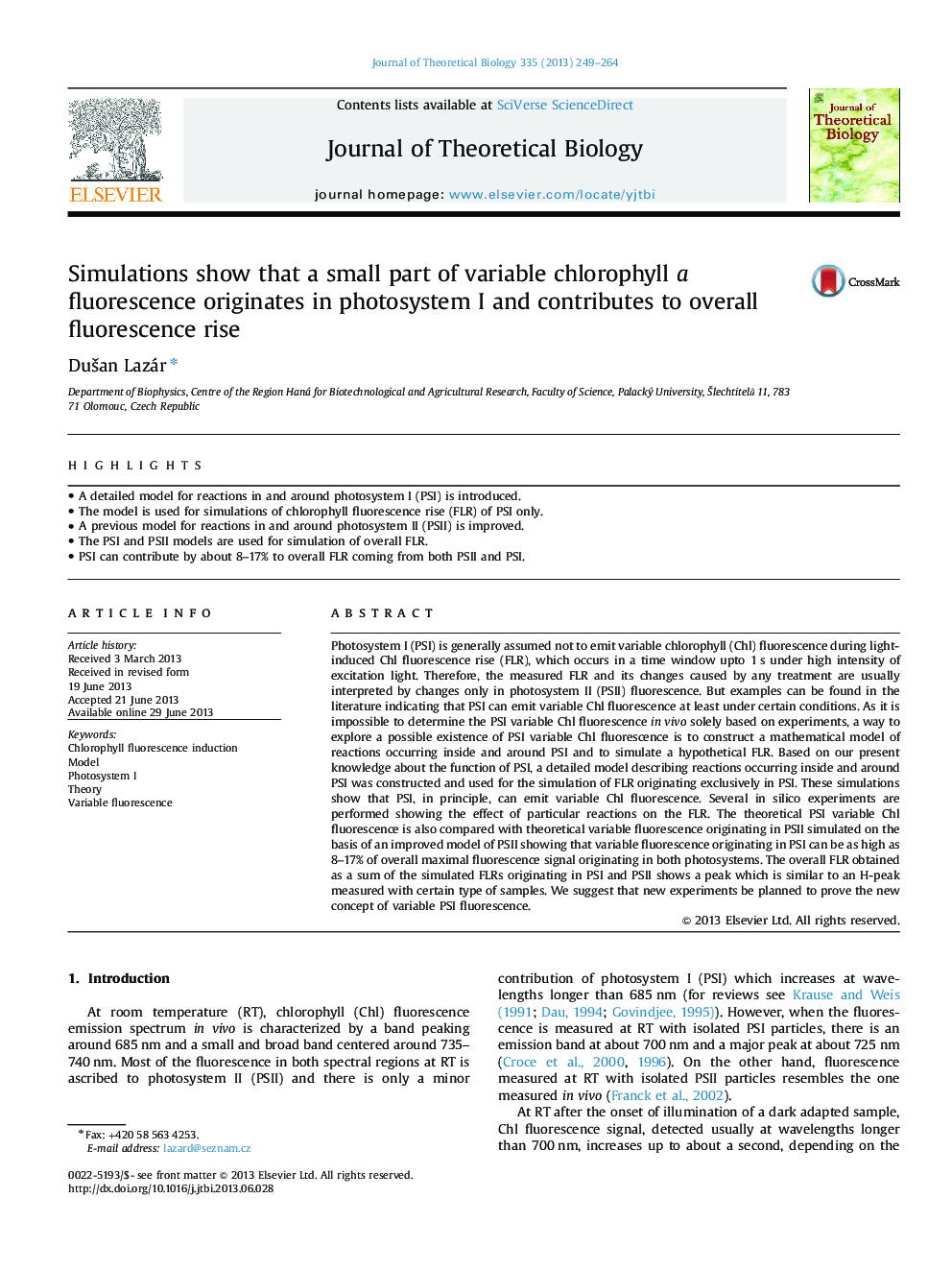 Simulations show that a small part of variable chlorophyll a fluorescence originates in photosystem I and contributes to overall fluorescence rise