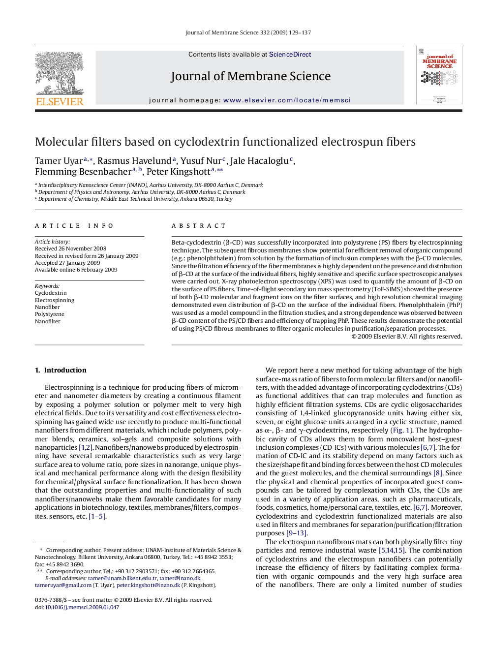 Molecular filters based on cyclodextrin functionalized electrospun fibers