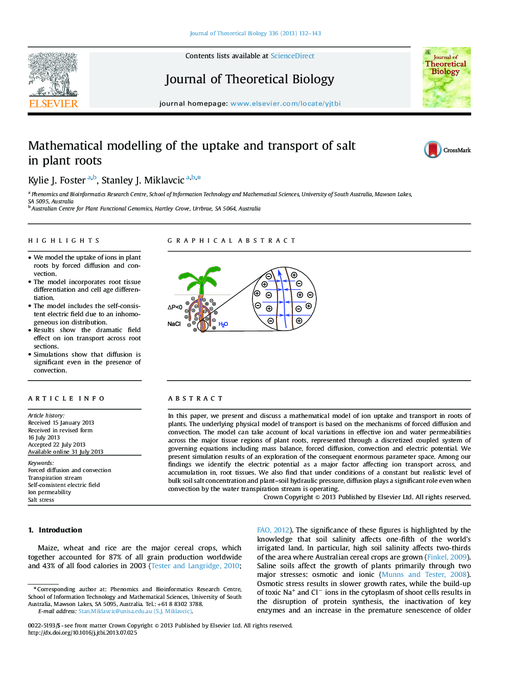 Mathematical modelling of the uptake and transport of salt in plant roots