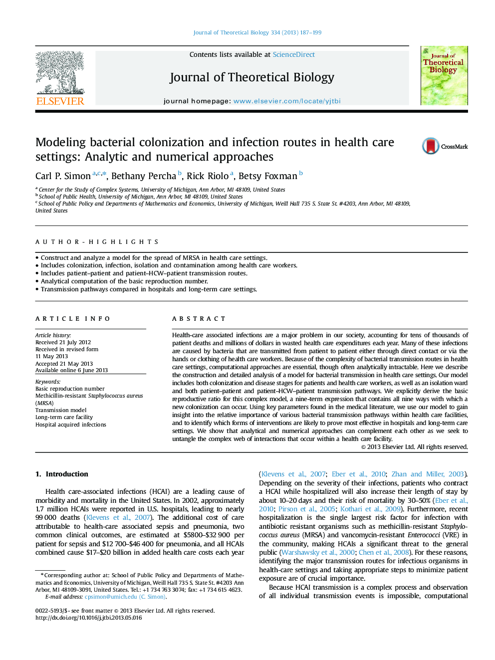 مدل سازی کلونیزاسیون باکتری ها و مسیرهای عفونت در تنظیمات مراقبت های بهداشتی: رویکردهای تحلیلی و عددی 