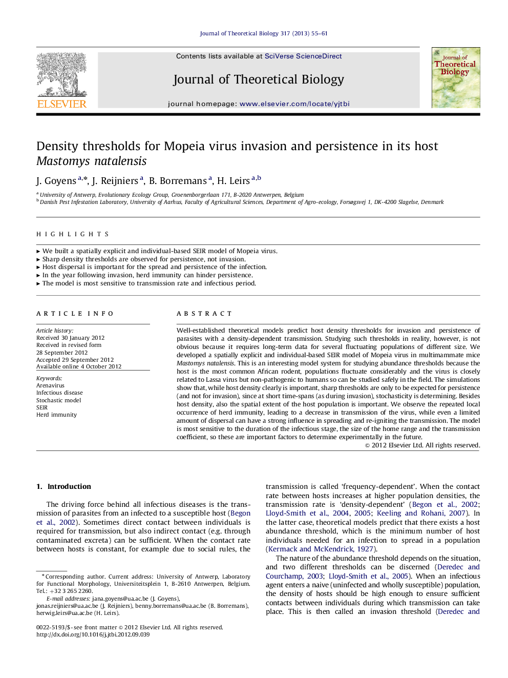 Density thresholds for Mopeia virus invasion and persistence in its host Mastomys natalensis