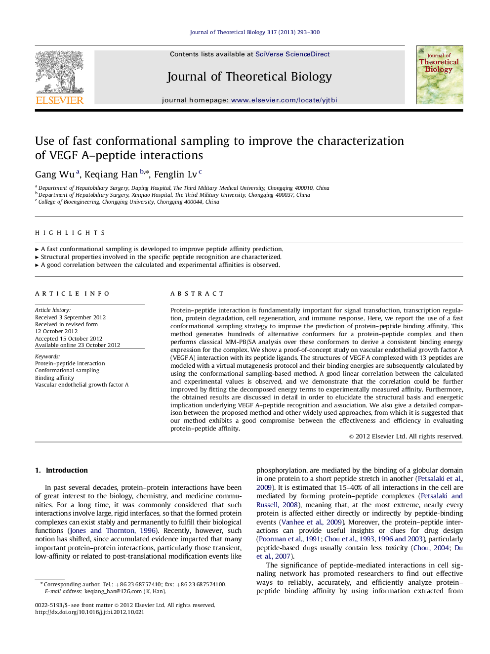 Use of fast conformational sampling to improve the characterization of VEGF A-peptide interactions