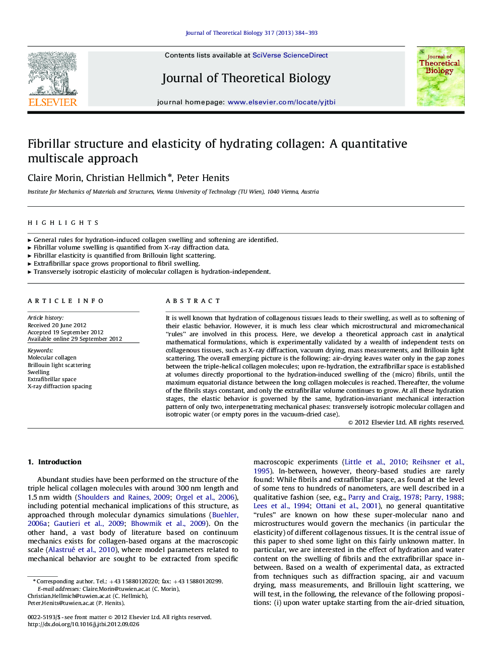 Fibrillar structure and elasticity of hydrating collagen: A quantitative multiscale approach
