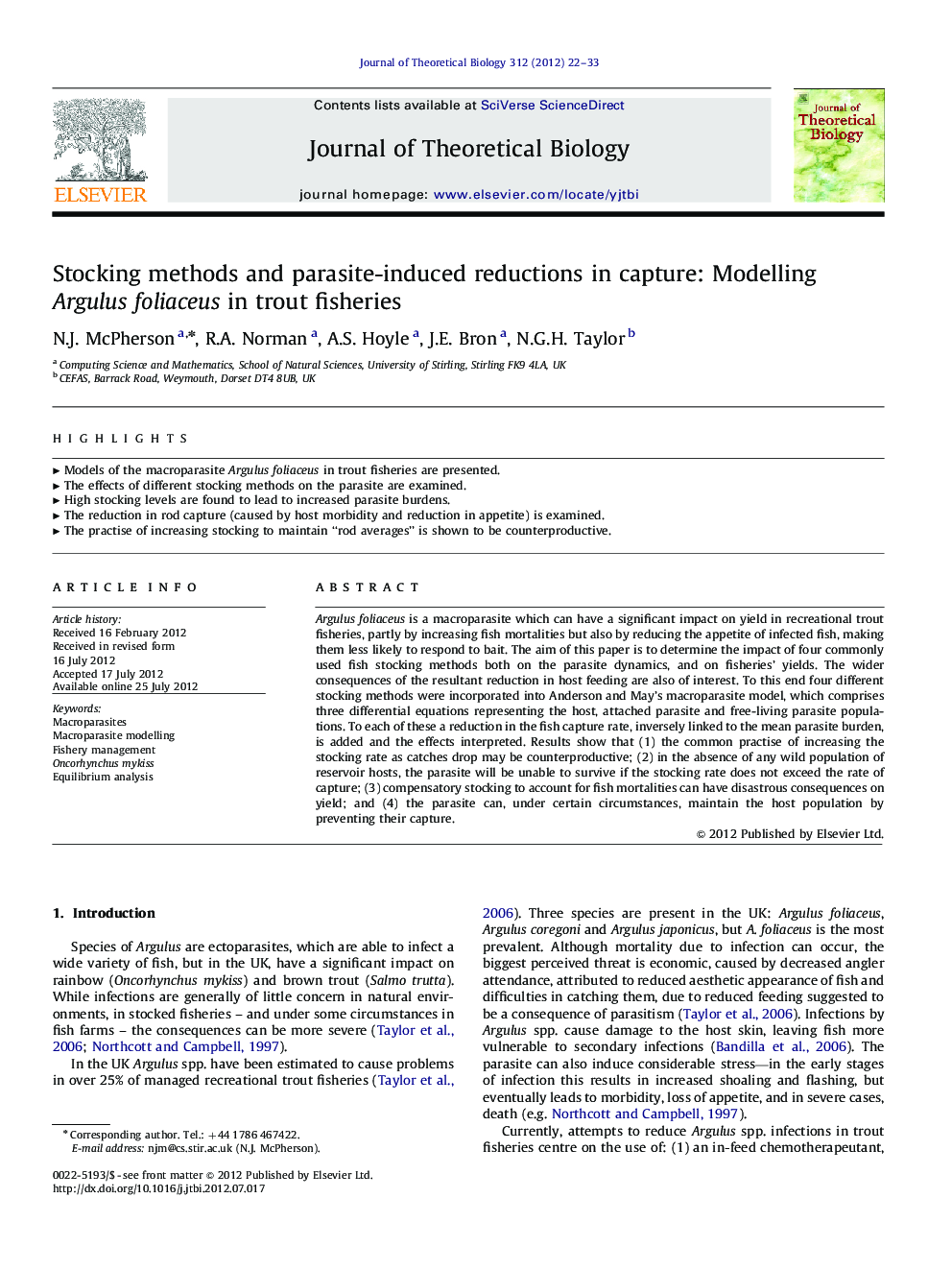 Stocking methods and parasite-induced reductions in capture: Modelling Argulus foliaceus in trout fisheries