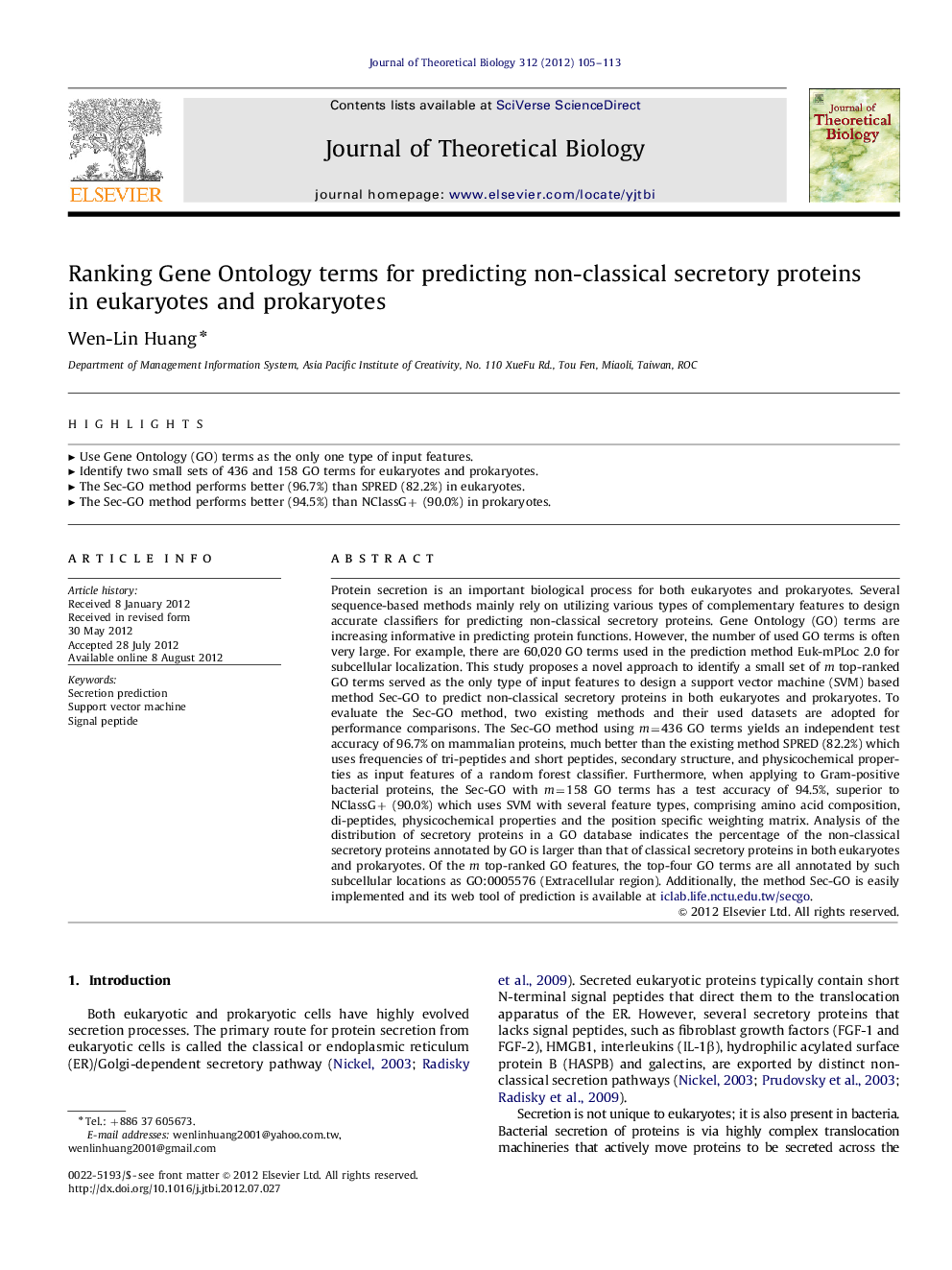 Ranking Gene Ontology terms for predicting non-classical secretory proteins in eukaryotes and prokaryotes