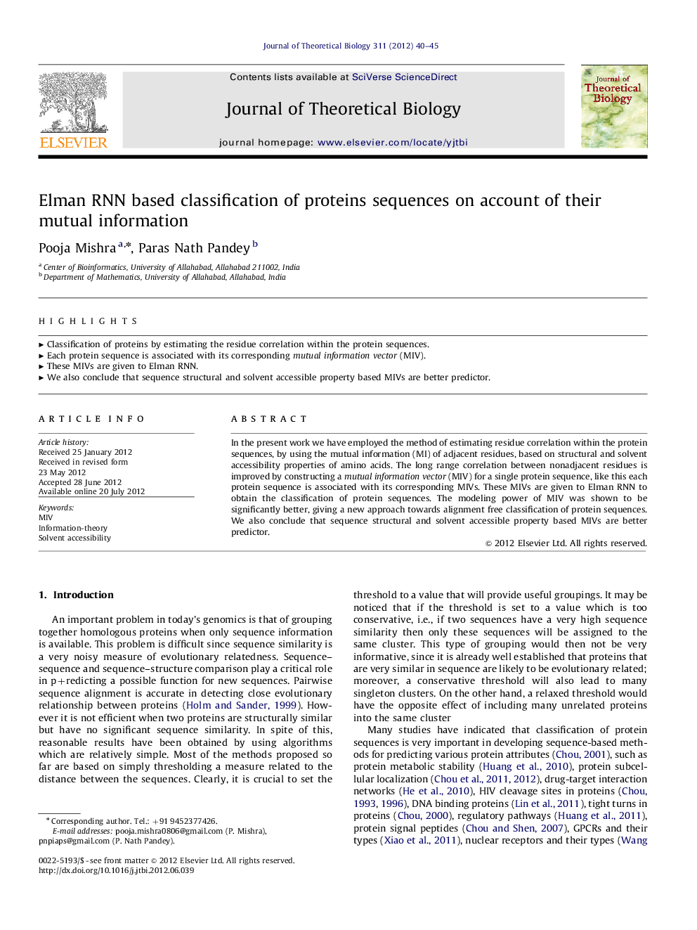 Elman RNN based classification of proteins sequences on account of their mutual information