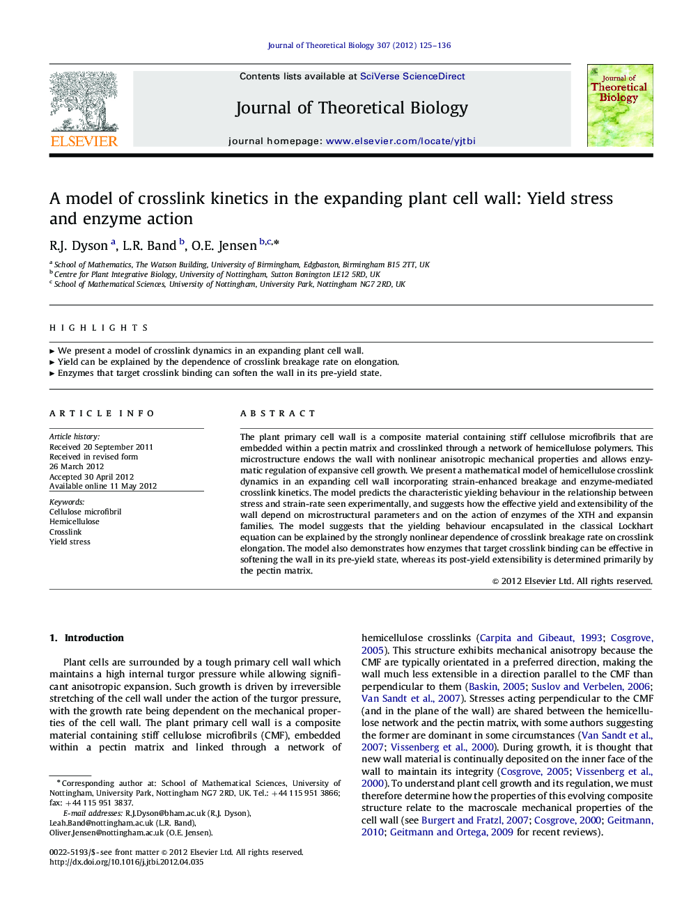 A model of crosslink kinetics in the expanding plant cell wall: Yield stress and enzyme action