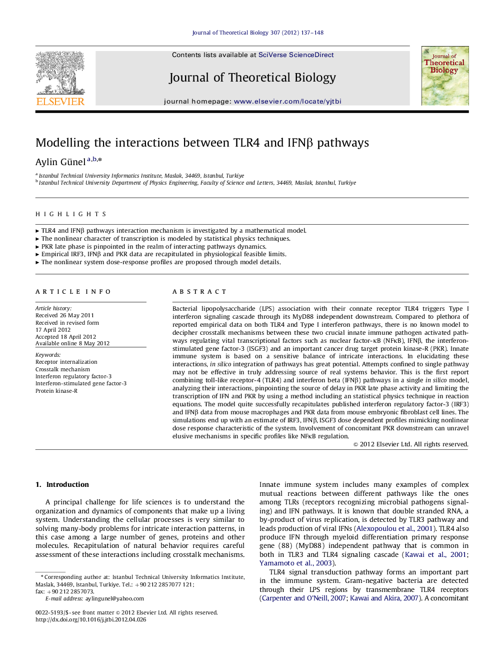 Modelling the interactions between TLR4 and IFNÎ² pathways