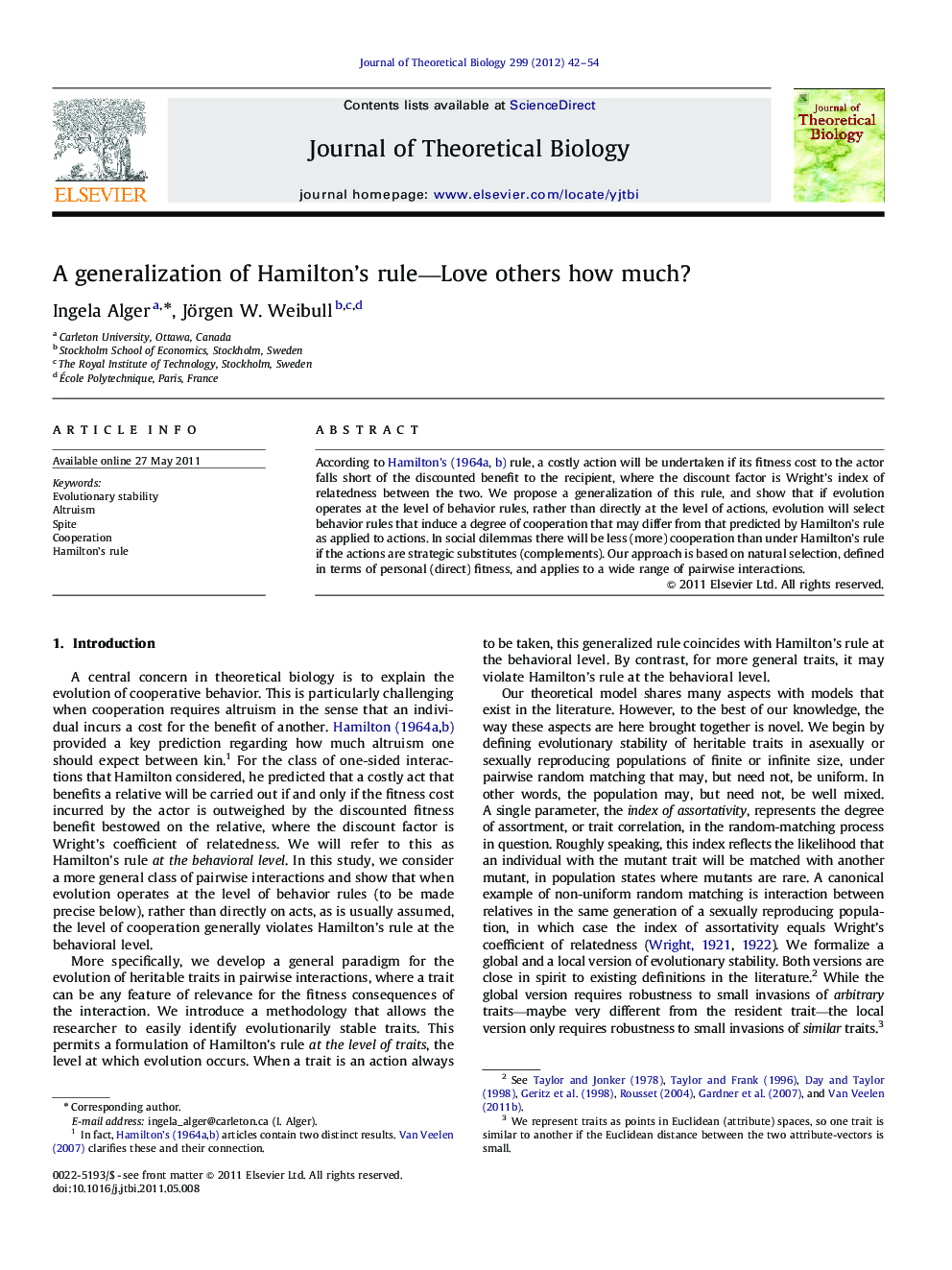 A generalization of Hamilton's rule-Love others how much?